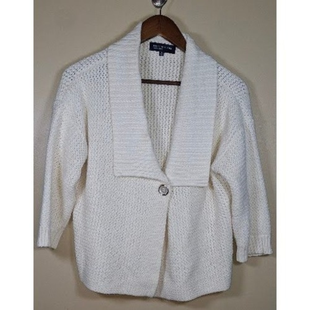 Jones New York Signature Cream Shawl Collar Button Front Knit Cardigan Sweater M